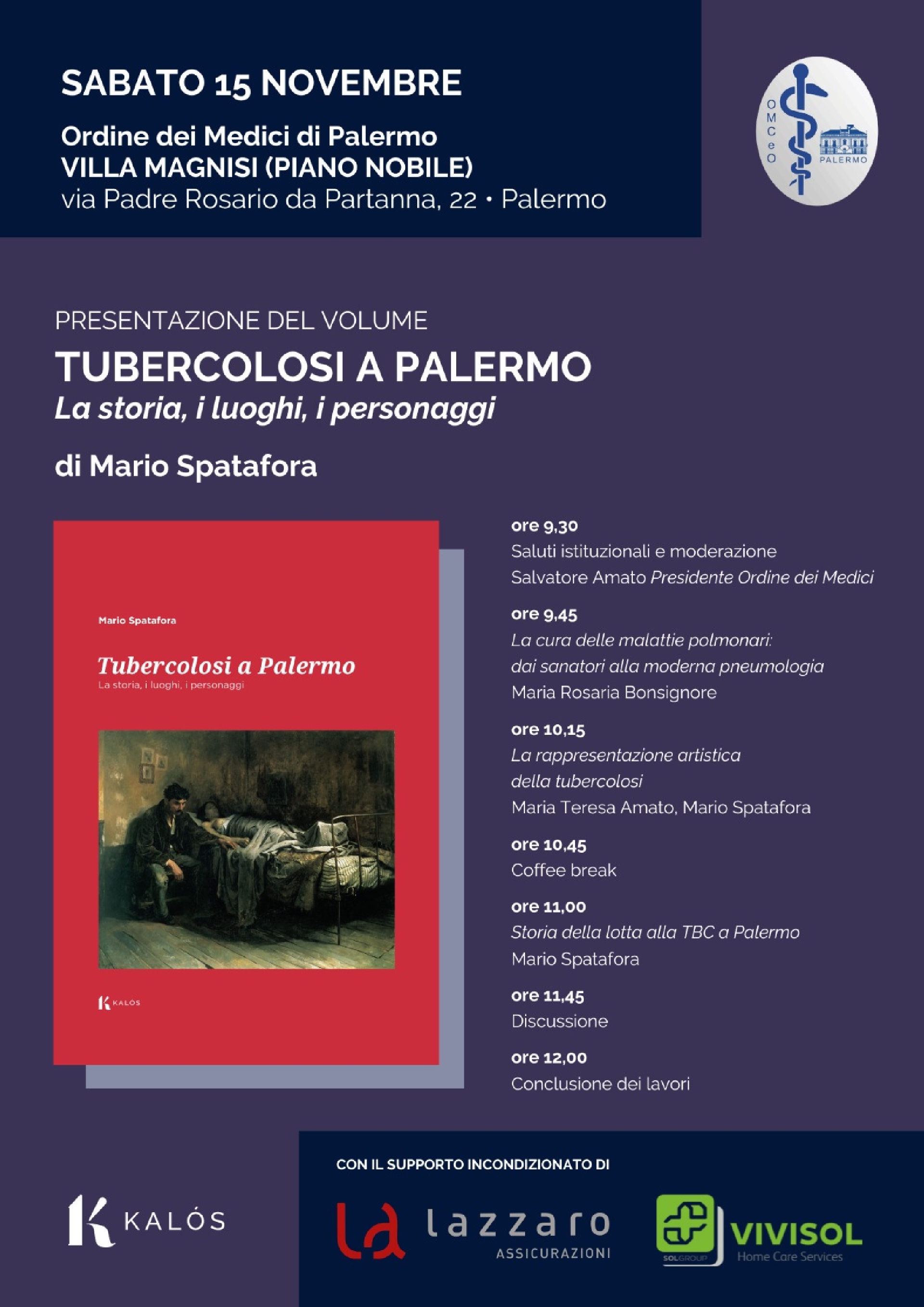 Presentazione del volume “Tubercolosi a Palermo” di Mario Spatafora – Sabato 15 novembre a Villa Magnisi